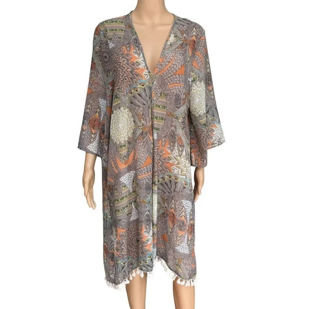 Umgee USA Boho Tribal Kimono Wrap geometric print tassel trim open front sz L
